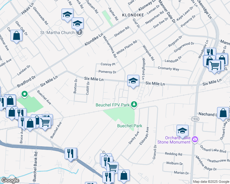 map of restaurants, bars, coffee shops, grocery stores, and more near 6408 6 Mile Lane in Louisville