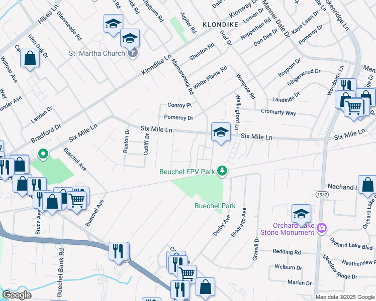 map of restaurants, bars, coffee shops, grocery stores, and more near 6408 6 Mile Lane in Louisville