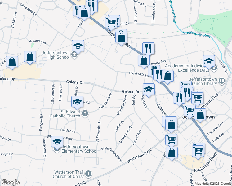 map of restaurants, bars, coffee shops, grocery stores, and more near 9717 Galene Drive in Louisville