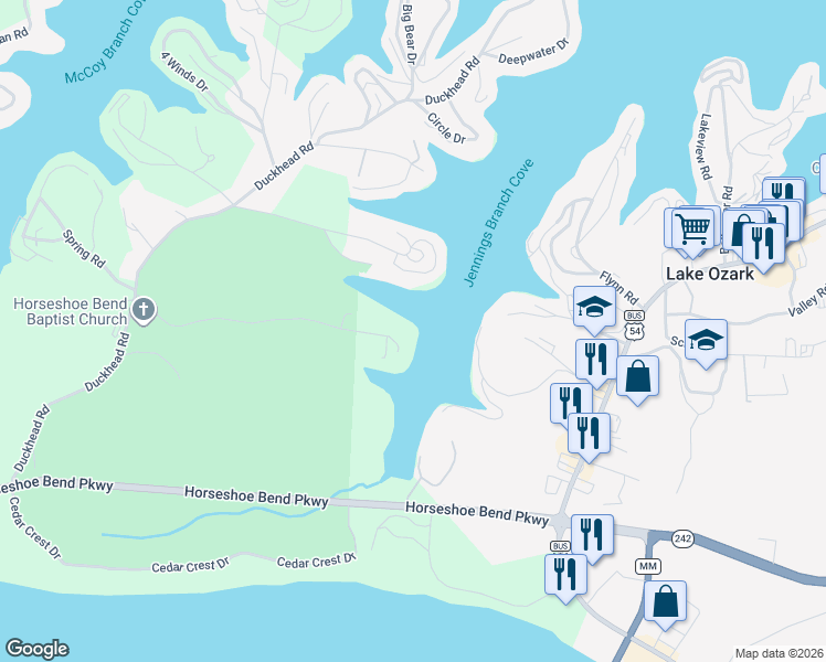 map of restaurants, bars, coffee shops, grocery stores, and more near 106 Willow Ridge Point in Lake Ozark