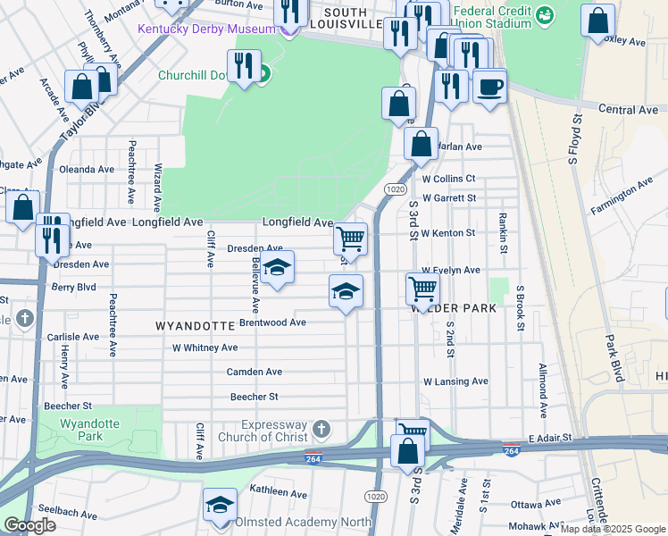 map of restaurants, bars, coffee shops, grocery stores, and more near 507 West Evelyn Avenue in Louisville