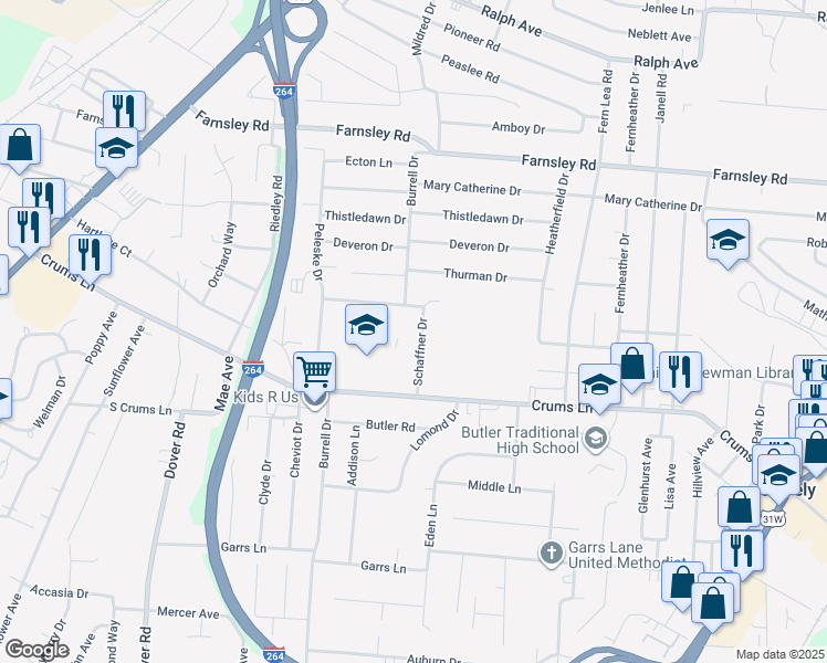 map of restaurants, bars, coffee shops, grocery stores, and more near 2300 Burrell Drive in Louisville