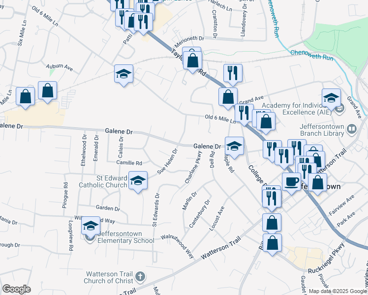 map of restaurants, bars, coffee shops, grocery stores, and more near 9717 Galene Drive in Louisville