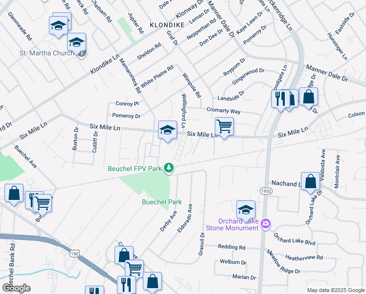 map of restaurants, bars, coffee shops, grocery stores, and more near 4200 Wallingford Lane in Louisville