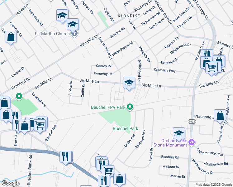 map of restaurants, bars, coffee shops, grocery stores, and more near 6408 6 Mile Lane in Louisville