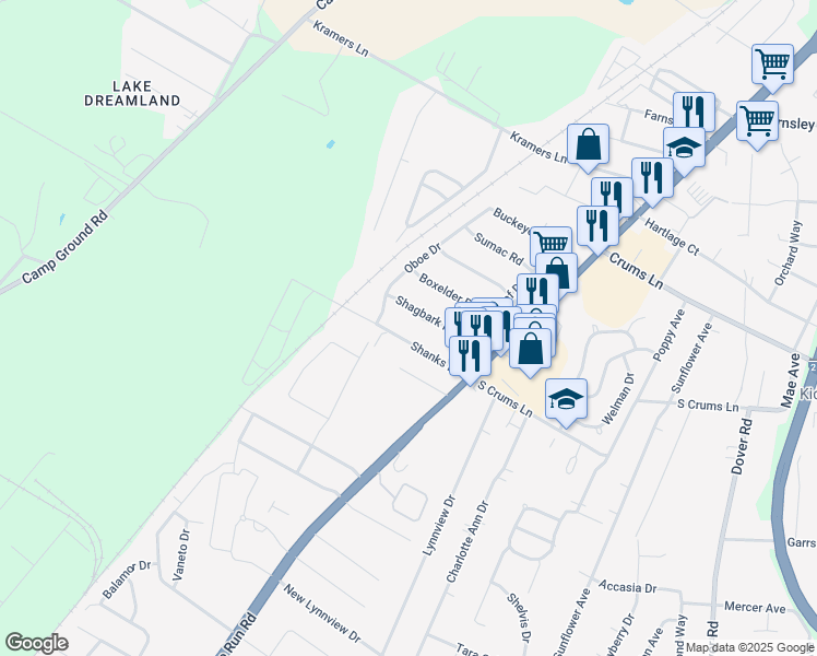 map of restaurants, bars, coffee shops, grocery stores, and more near 3418 Shagbark Road in Louisville