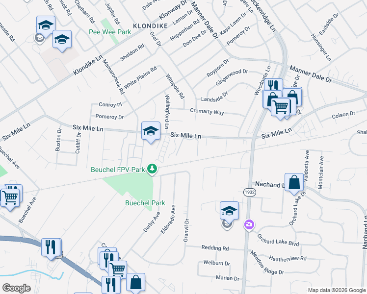 map of restaurants, bars, coffee shops, grocery stores, and more near 6510 6 Mile Lane in Louisville