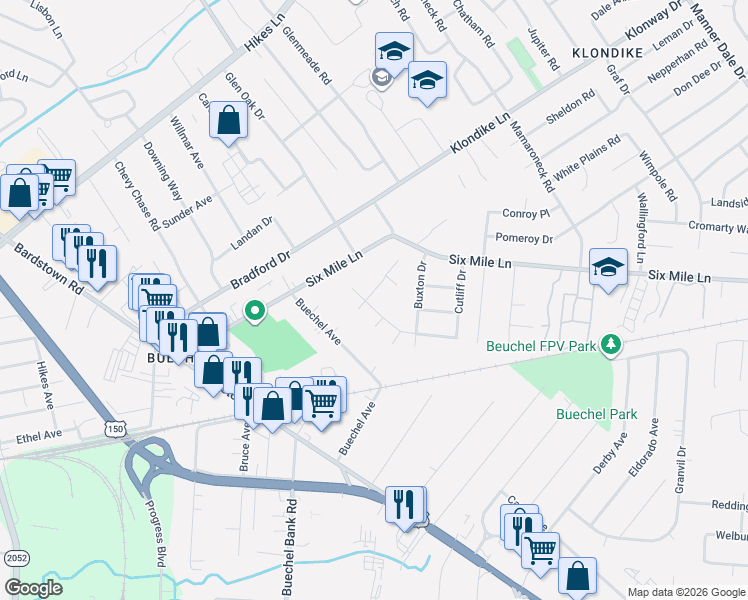 map of restaurants, bars, coffee shops, grocery stores, and more near 4214 Milo Drive in Louisville
