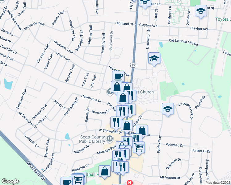 map of restaurants, bars, coffee shops, grocery stores, and more near 1198 Johnson Avenue in Georgetown