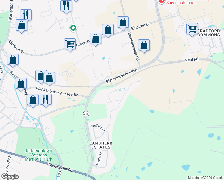 map of restaurants, bars, coffee shops, grocery stores, and more near 12110 Cypress Ridge Drive in Louisville