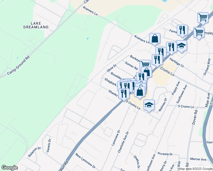map of restaurants, bars, coffee shops, grocery stores, and more near 3418 Shagbark Road in Louisville