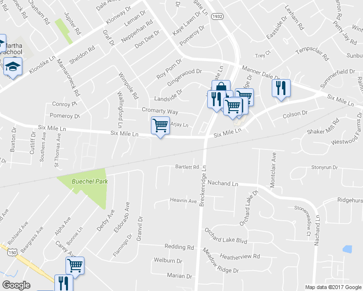 map of restaurants, bars, coffee shops, grocery stores, and more near 6714 6 Mile Lane in Louisville