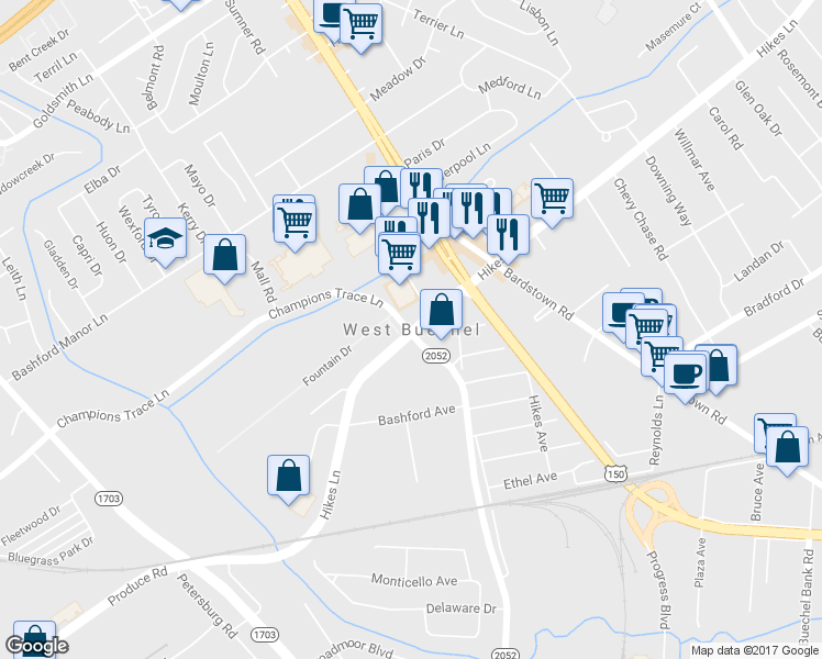 map of restaurants, bars, coffee shops, grocery stores, and more near in West Buechel