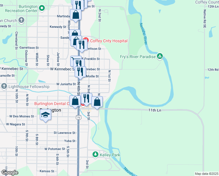 map of restaurants, bars, coffee shops, grocery stores, and more near 301 North 1st Street in Burlington