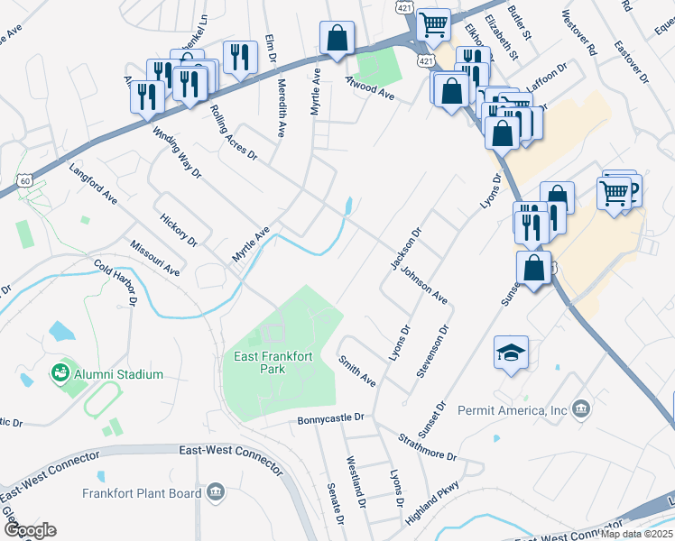 map of restaurants, bars, coffee shops, grocery stores, and more near 113 Kendallwood Drive in Frankfort