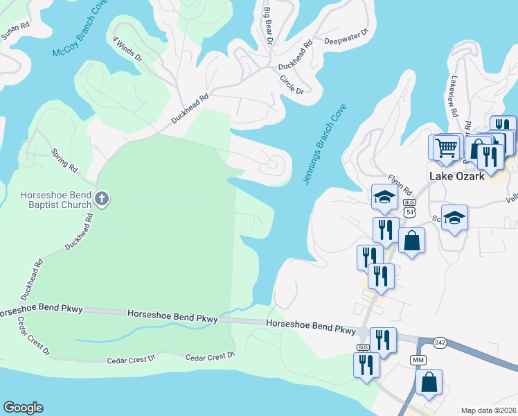 map of restaurants, bars, coffee shops, grocery stores, and more near 106 Willow Ridge Point in Lake Ozark