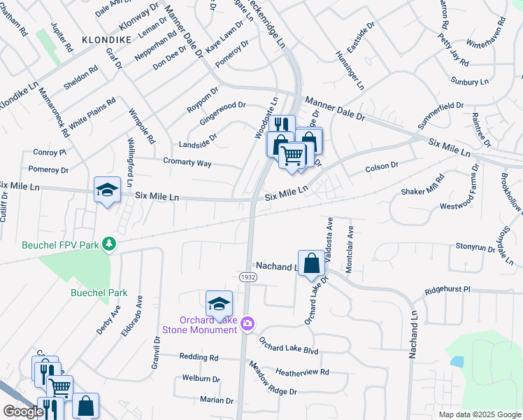 map of restaurants, bars, coffee shops, grocery stores, and more near 7312 6 Mile Lane in Louisville