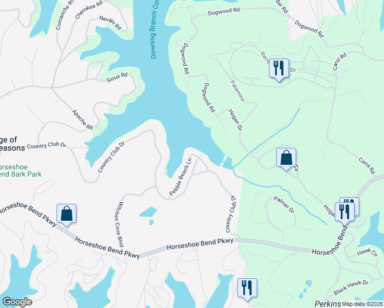map of restaurants, bars, coffee shops, grocery stores, and more near 299 Pebble Beach Lane in Village of Four Seasons