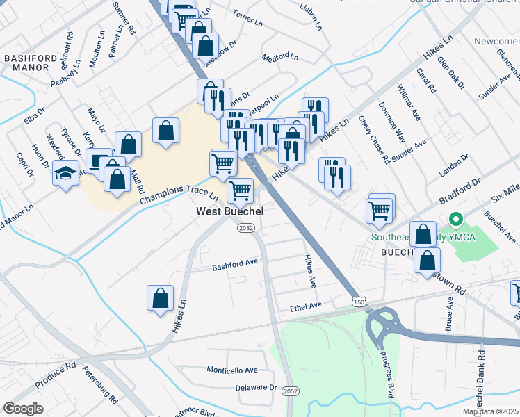 map of restaurants, bars, coffee shops, grocery stores, and more near Old Shepherdsville Road in Louisville