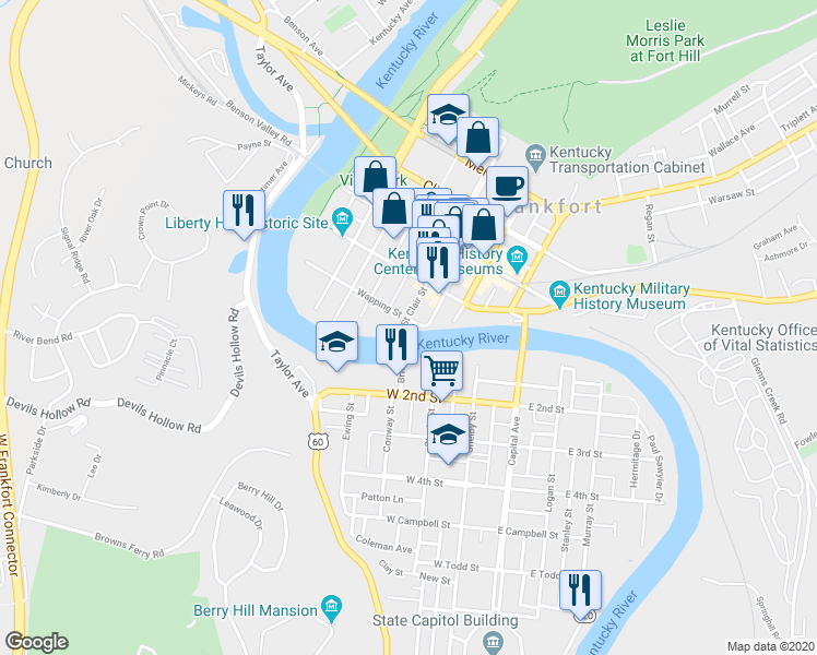 map of restaurants, bars, coffee shops, grocery stores, and more near 305 Wapping Street in Frankfort