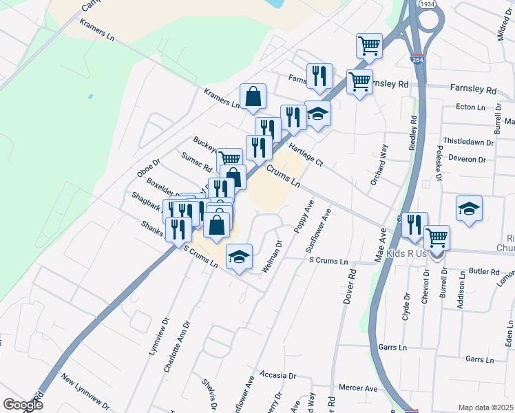 map of restaurants, bars, coffee shops, grocery stores, and more near 3114 Northland Drive in Louisville