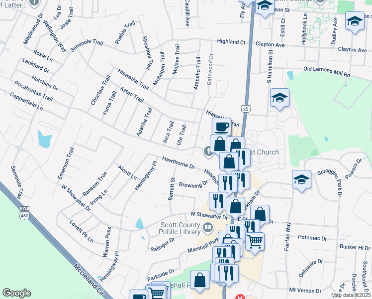 map of restaurants, bars, coffee shops, grocery stores, and more near 1121 Pawnee Trail in Georgetown