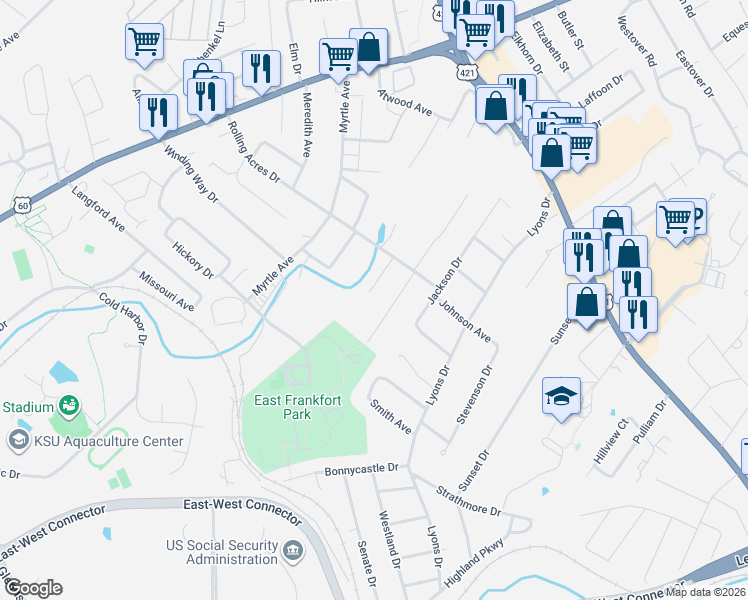 map of restaurants, bars, coffee shops, grocery stores, and more near 113 Kendallwood Drive in Frankfort
