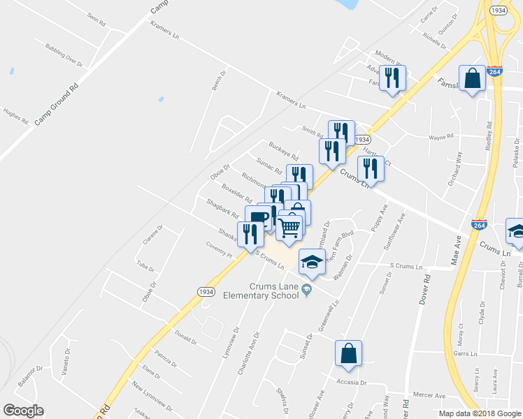 map of restaurants, bars, coffee shops, grocery stores, and more near 4508 Broadleaf Drive in Louisville