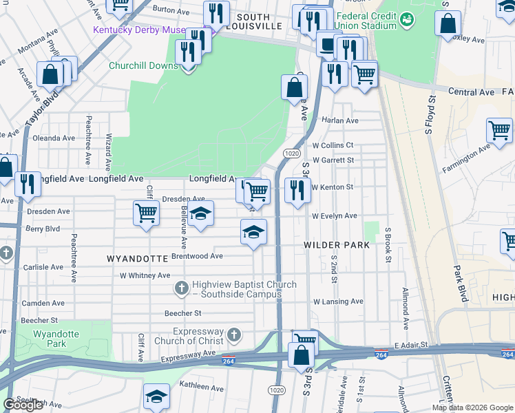 map of restaurants, bars, coffee shops, grocery stores, and more near 3918 South 5th Street in Louisville