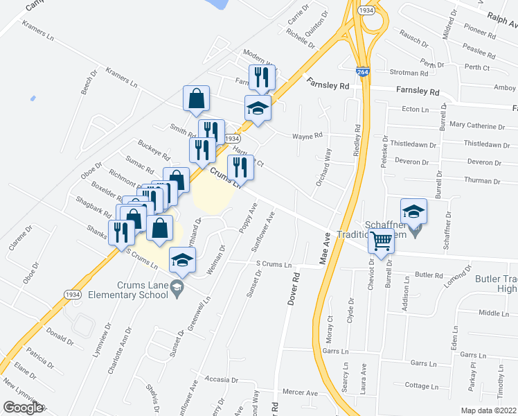 map of restaurants, bars, coffee shops, grocery stores, and more near 4221 Poppy Avenue in Louisville