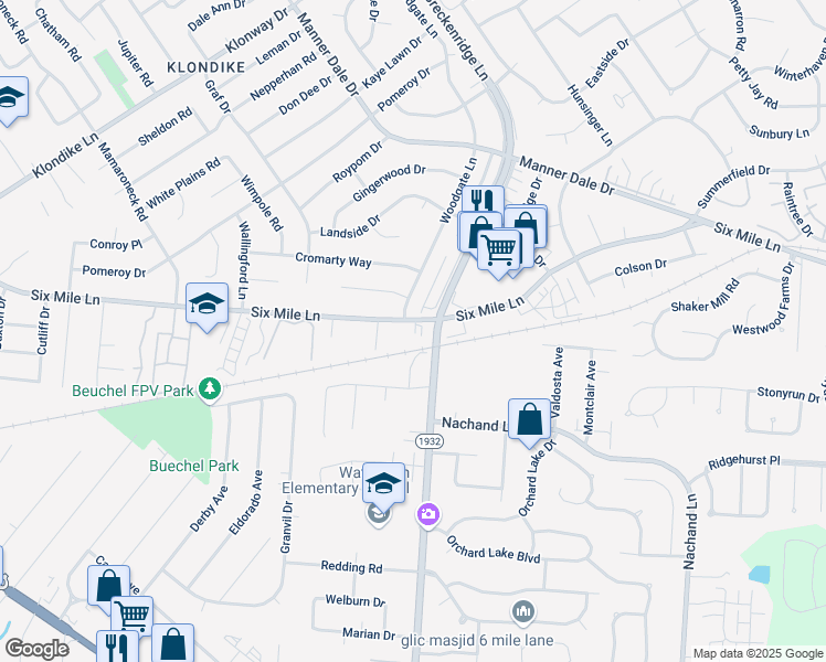 map of restaurants, bars, coffee shops, grocery stores, and more near 6726 6 Mile Lane in Louisville