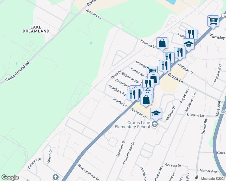 map of restaurants, bars, coffee shops, grocery stores, and more near 3418 Shagbark Road in Louisville