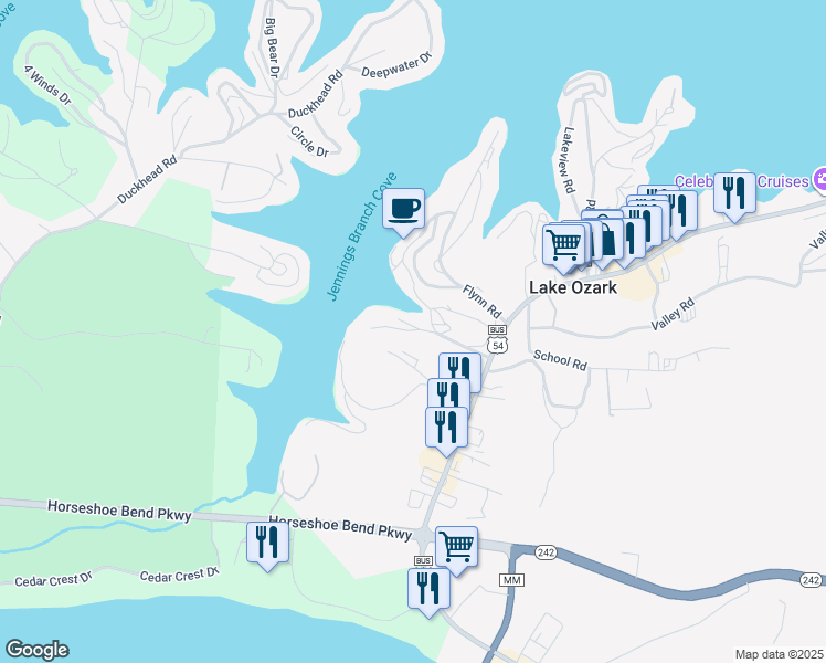 map of restaurants, bars, coffee shops, grocery stores, and more near Elsewhere Dr in Lake Ozark