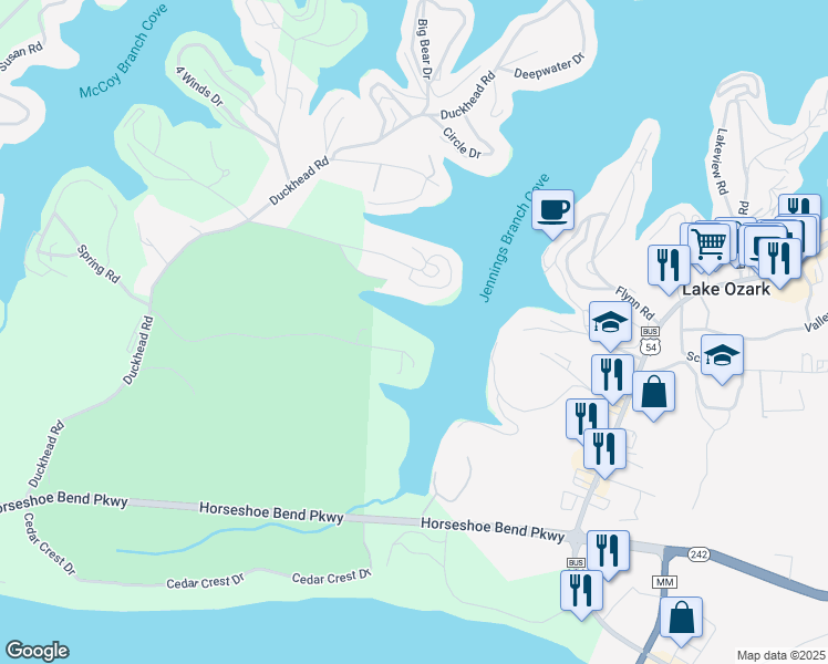 map of restaurants, bars, coffee shops, grocery stores, and more near 106 Willow Ridge Point in Lake Ozark