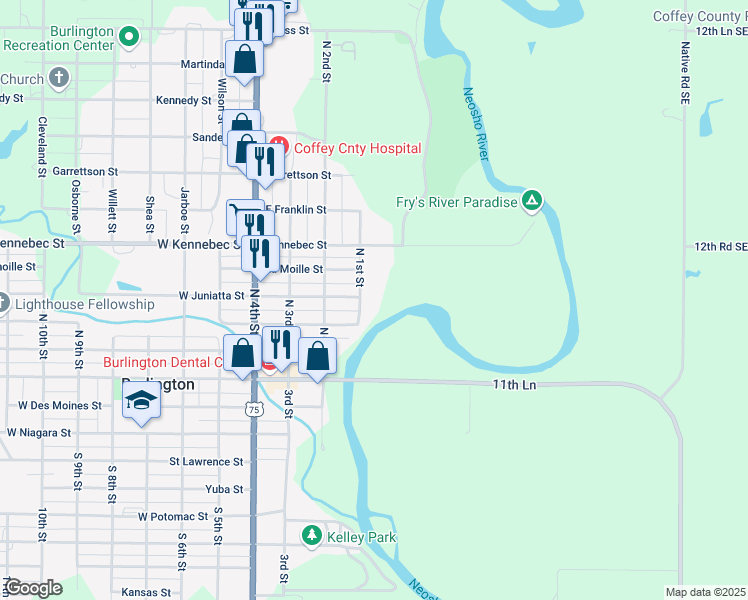 map of restaurants, bars, coffee shops, grocery stores, and more near 301-397 North 1st Street in Burlington