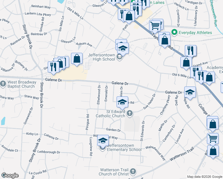 map of restaurants, bars, coffee shops, grocery stores, and more near 3306 Mardale Dr in Louisville
