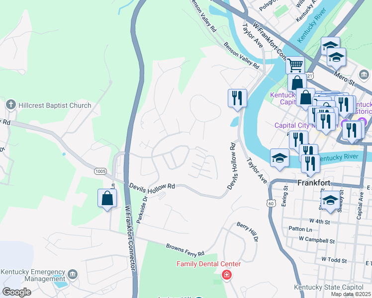 map of restaurants, bars, coffee shops, grocery stores, and more near 1026 River Bend Road in Frankfort