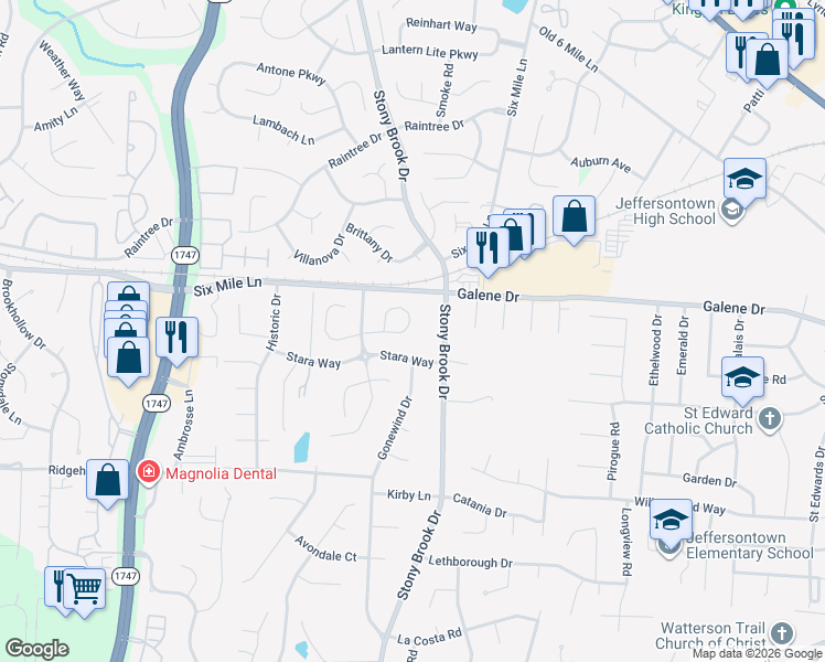 map of restaurants, bars, coffee shops, grocery stores, and more near 8821 Stony Falls Way in Jeffersontown