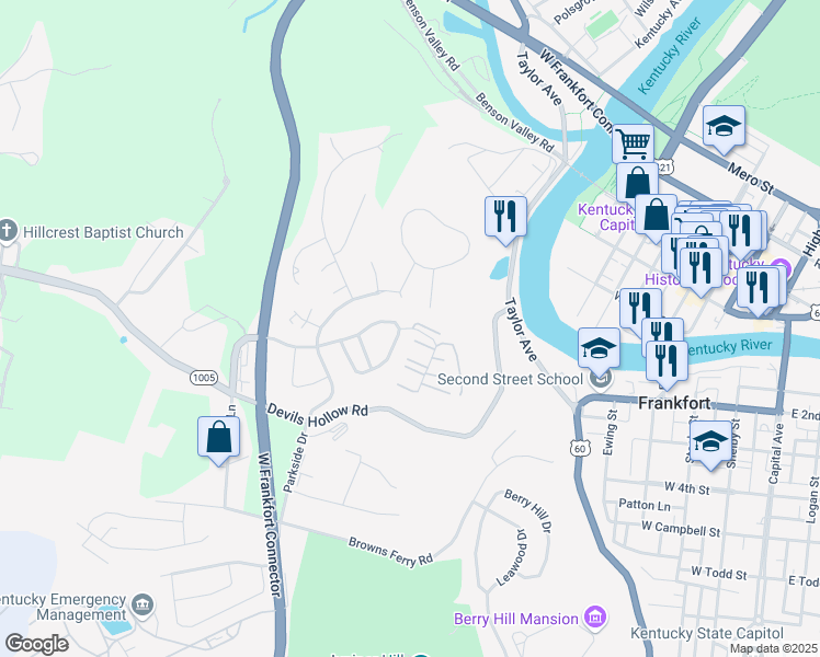 map of restaurants, bars, coffee shops, grocery stores, and more near 198 Pinnacle Court in Frankfort