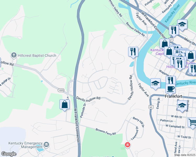 map of restaurants, bars, coffee shops, grocery stores, and more near 1015 River Bend Road in Frankfort