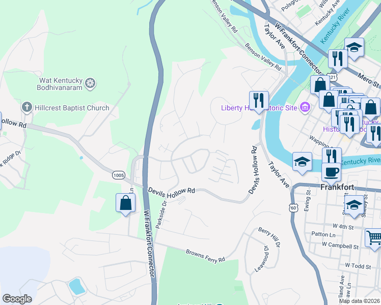 map of restaurants, bars, coffee shops, grocery stores, and more near 1015 River Bend Road in Frankfort