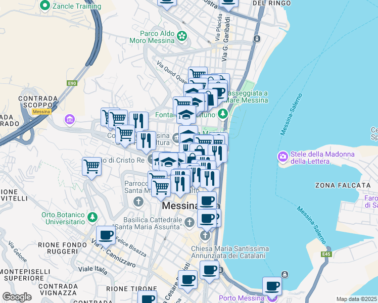 map of restaurants, bars, coffee shops, grocery stores, and more near Via Vincenzo Cianciolo in Messina