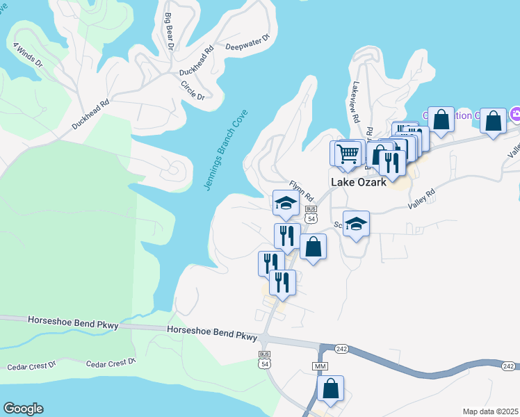 map of restaurants, bars, coffee shops, grocery stores, and more near Elsewhere Drive in Lake Ozark