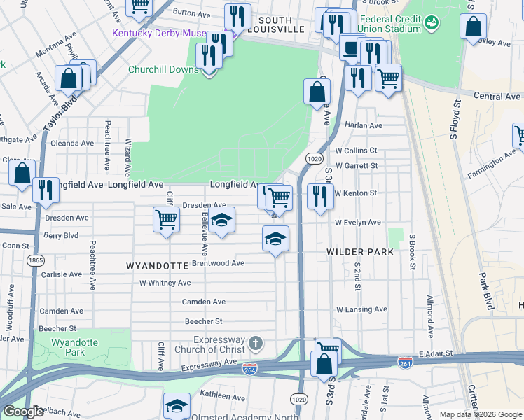 map of restaurants, bars, coffee shops, grocery stores, and more near 3918 South 5th Street in Louisville