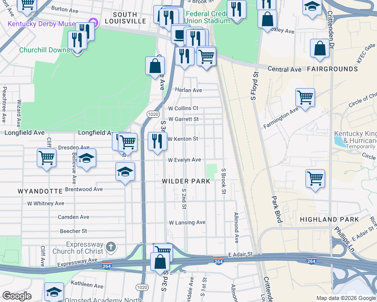 map of restaurants, bars, coffee shops, grocery stores, and more near 4011 South 2nd Street in Louisville