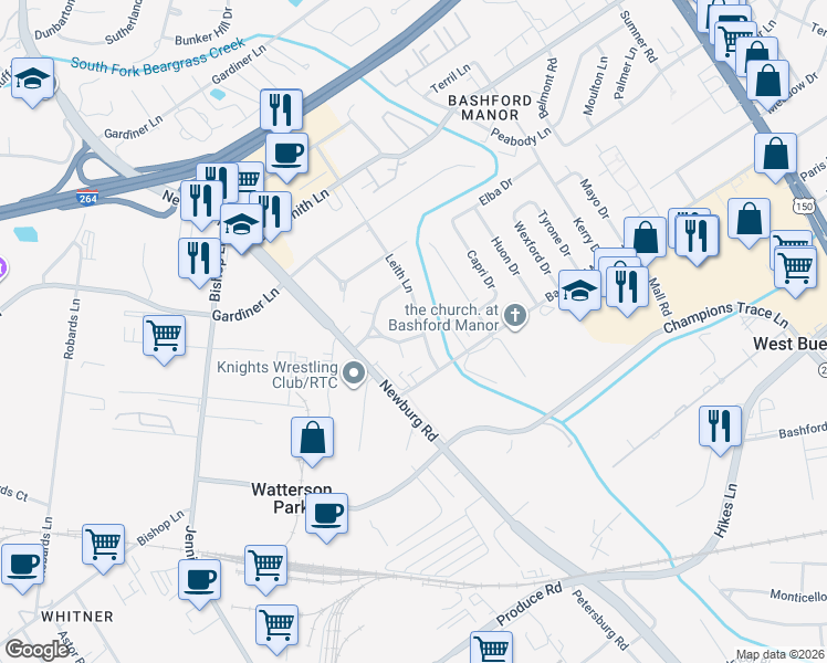 map of restaurants, bars, coffee shops, grocery stores, and more near 1917 Swainsboro Drive in Louisville