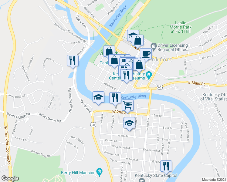 map of restaurants, bars, coffee shops, grocery stores, and more near 305 Wapping Street in Frankfort