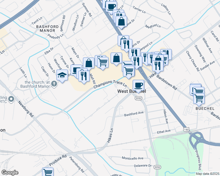 map of restaurants, bars, coffee shops, grocery stores, and more near 4710 Champions Trace Ln in Louisville
