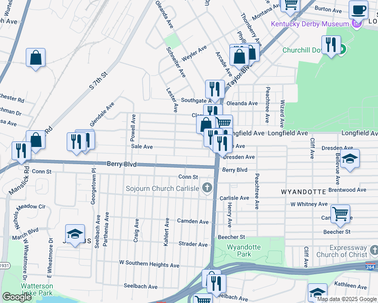 map of restaurants, bars, coffee shops, grocery stores, and more near 1334 Sale Avenue in Louisville