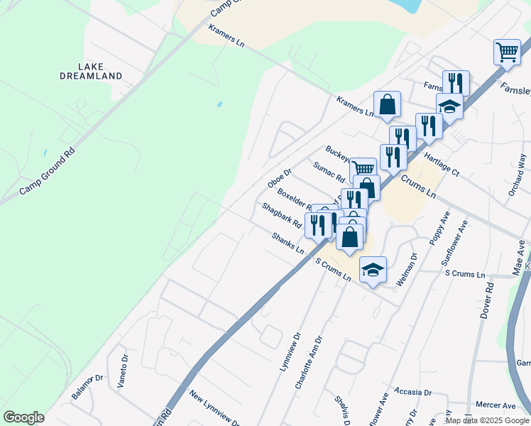 map of restaurants, bars, coffee shops, grocery stores, and more near 3418 Shagbark Road in Louisville